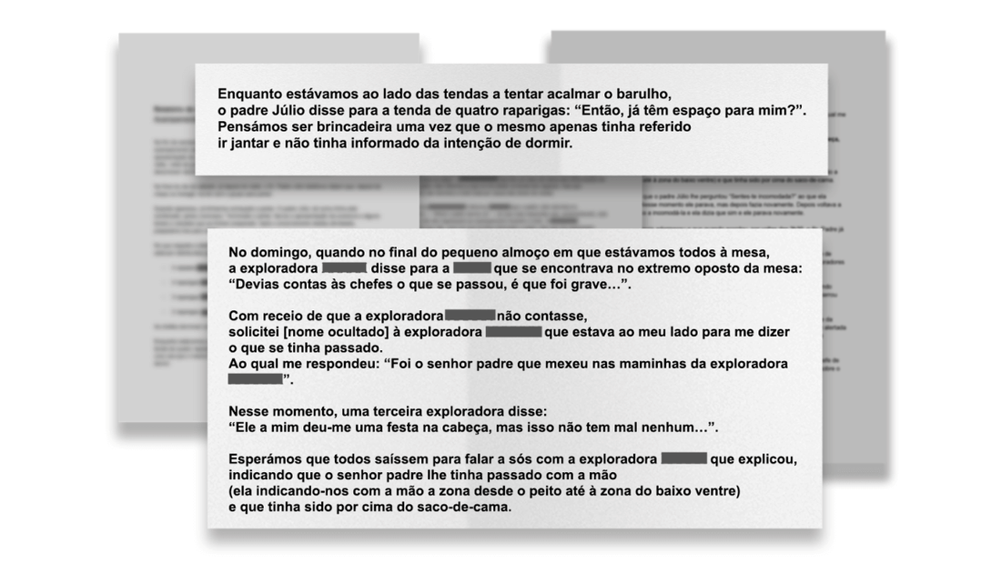 Os detalhes dos abusos foram descritos pelas chefes de escuteiros num relatório feito logo após o acampamento (reconstituição do documento original)