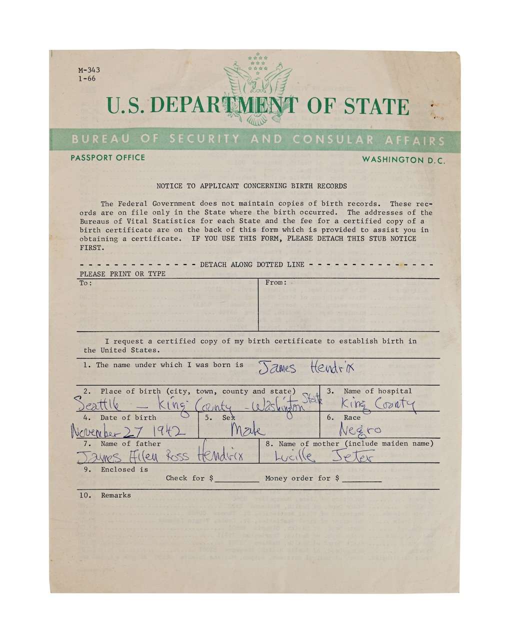 Pedido de certidão de nascimento de Jimi Hendrix