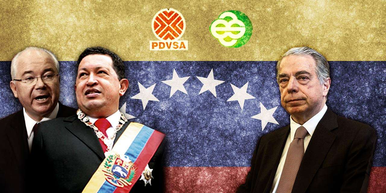 Rafael Ramirez, ex-presidente da empresa Petróleos da Venezuela entre 2004 e 2014, (primeiro a contar da esquerda), Hugo Chávez, ex-presidente da Venezuela entre 1999 e 2013 (segundo a contar da esquerda) e Ricardo Salgado, ex-CEO do BES entre 1991 e julho de 2014 (primeiro a contar da direita)
