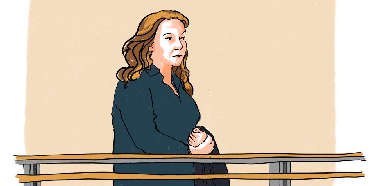 Ilustração de Rosa Grilo durante o julgamento (ILUSTRAÇÃO: TERESA DIAS COSTA)