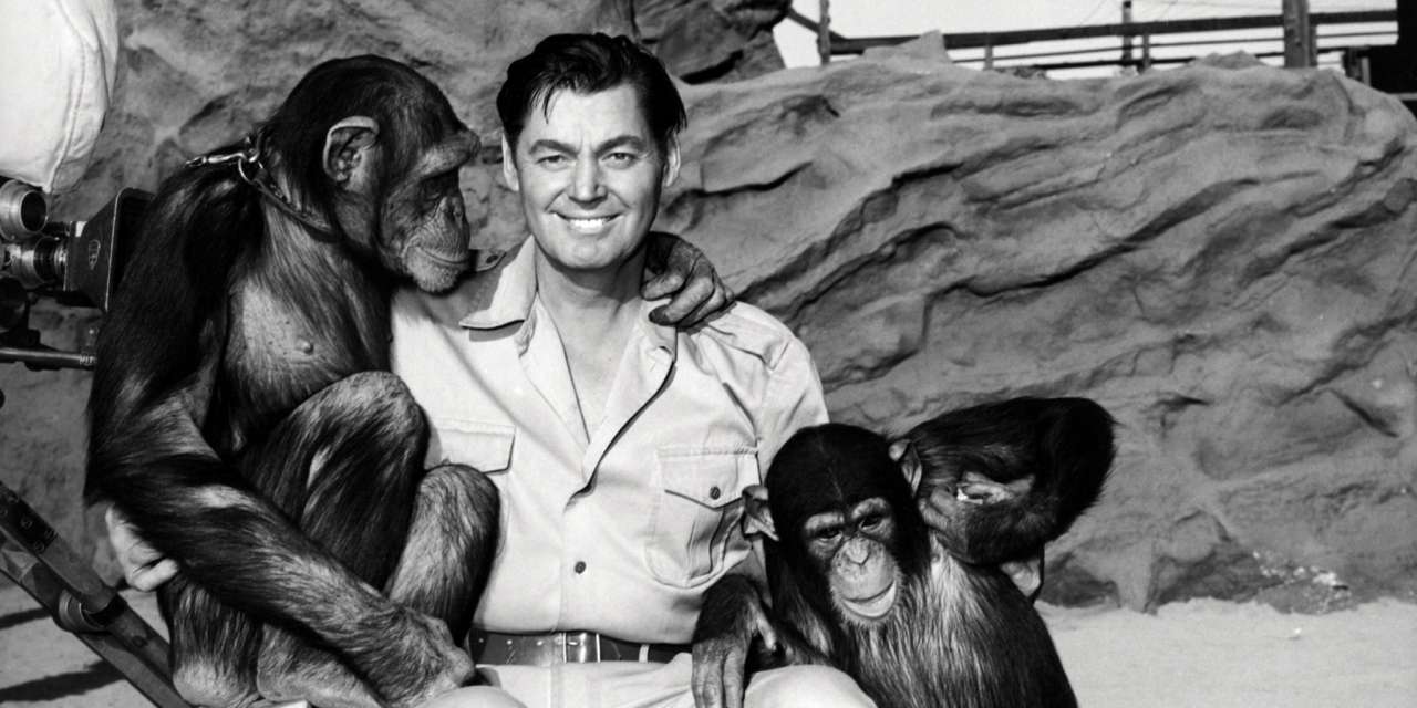 O nadador e ator americano Johnny Weissmuller (1904 - 1984) e dois chimpanzés, na rodagem do filme "Jungle Jim", de William Berke