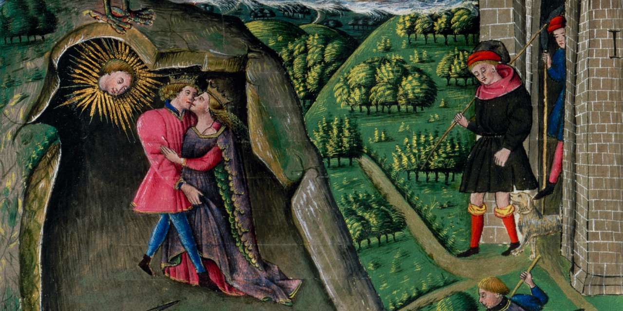 Miniatura medieval do século XV que mostra o momento em que Dido, rainha de Cartago, se apaixona pelo troiano Eneias