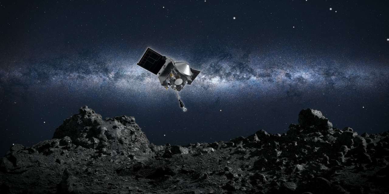Ilustração da sonda OSIRIS-REx no momento em que se prepara para recolher amostras em Bennu