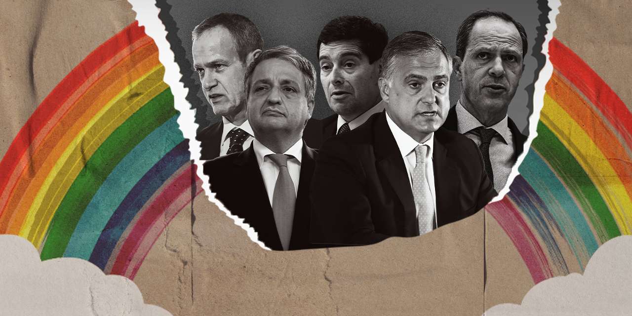 Miguel Maya, Paulo Macedo, António Ramalho, João Pedro Oliveira e Costa e Pedro Castro e Almeida. ILUSTRAÇÃO: Ana Martingo/OBSERVADOR