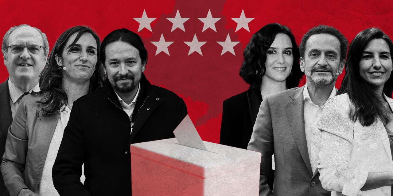 Candidatos à liderança do governo de Madrid (da esq. para dta.): Ángel Gabilondo (PSOE), Mónica García (Más Madrid), Pablo Iglesias (Unidas Podemos), Isabel Díaz Ayuso (PP), Edmundo Bal (Ciudadanos) e Rocío Monasterio (Vox)