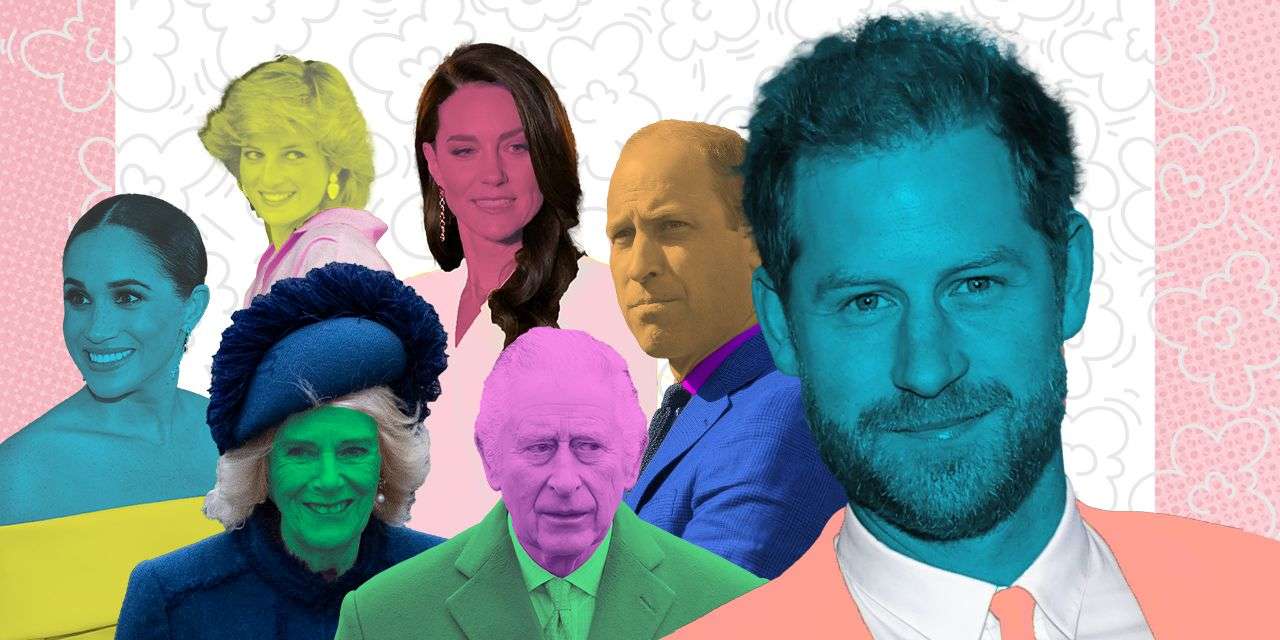Carlos, Camilla, Kate, Diana, William e Meghan. Harry não deixa uma pedra por virar