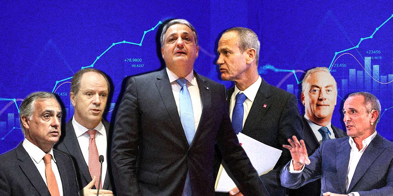 João Pedro Oliveira e Costa (BPI), Pedro Castro e Almeida (Santander), Paulo Macedo (CGD), Miguel Maya (BCP), Mark Bourke (Novo Banco) e Pedro Leitão (Montepio). ILUSTRAÇÃO: Rodrigo Mendes/OBSERVADOR
