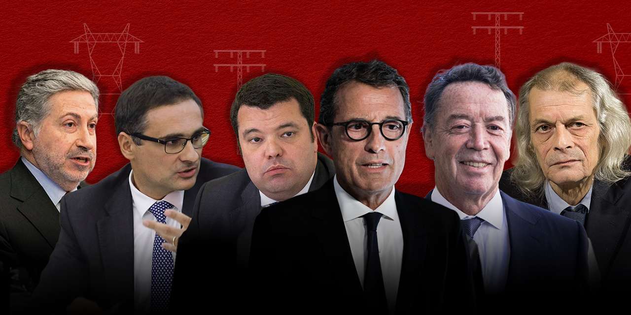 (da esquerda para a direita) Rui Cartaxo (ex-assessor de Manuel Pinho), Miguel Barreto (ex-diretor-geral da Energia), João Conceição (ex-assessor de Manuel Pinho), António Mexia (ex-líder da EDP), Manuel Pinho (ex-ministro da Economia) e Manso Neto (ex-líder da EDP Renováveis)