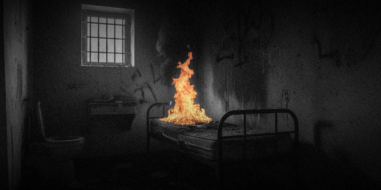 Ilustração do momento em que Raquel ateou fogo a uma cela da prisão de Tires, no setor da Casa das Mães