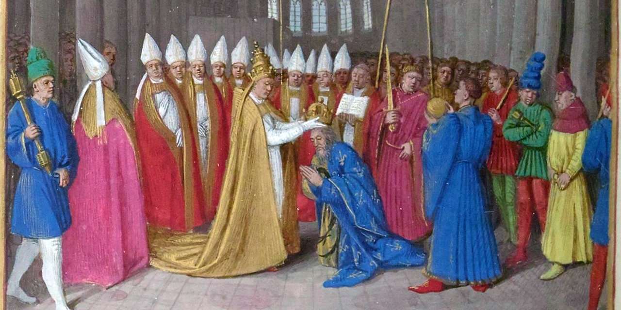 Um momento-chave na história da civilização ocidental: a 25 de Dezembro de 800, Carlos Magno foi coroado na Basílica de São Pedro, em Roma, pelo papa Leão III, como primeiro imperador do Império Carolíngio. Iluminura por Jean Fouquet c.1450-60, incluída nas "Grandes chroniques de France"