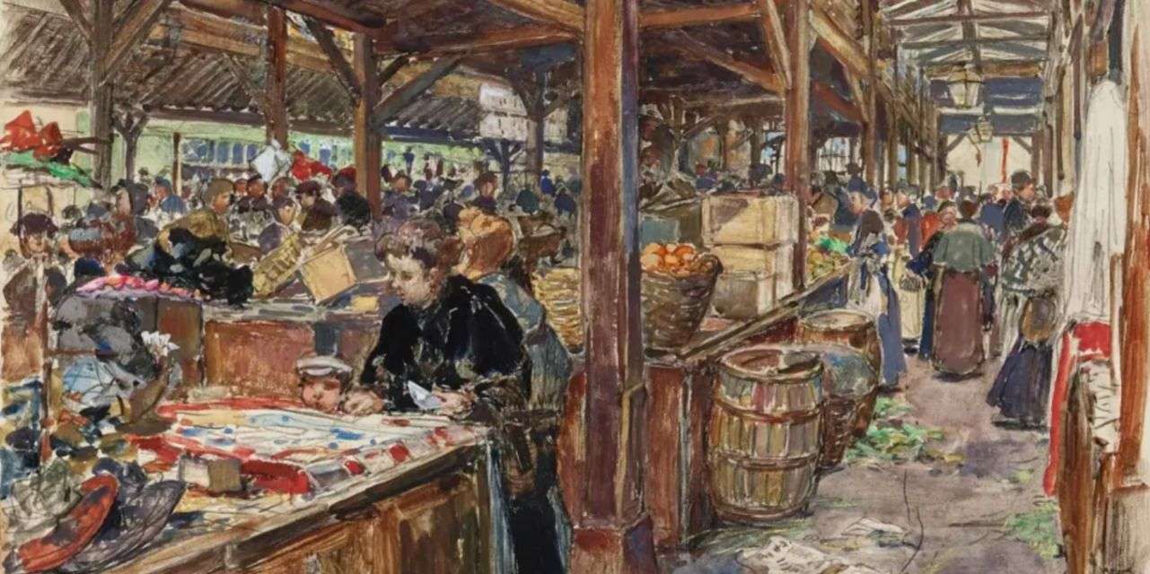 O interior do mercado no início do século XX é o tema de uma pintura do artista Frédéric Houbron