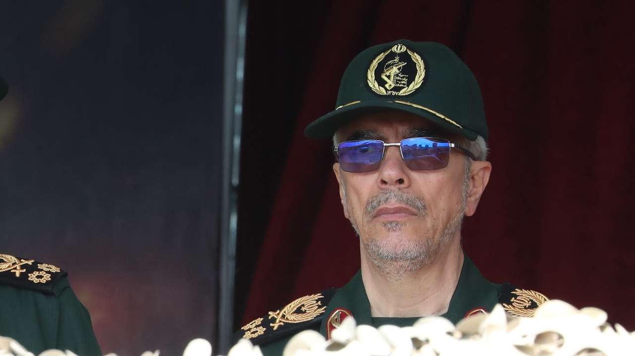 epa11283753 Islamic Revolutionary Guard Corps military commander General Mohammad Bagheri (R) and head of Iranian revolutionary guard corps (IRGC) Hossein Salami (L) attend the Army Day in a military base in Tehran, Iran, 17 April 2024. According to Iranian state media, Raisi described the recent attack launched towards Israel as 'limited' and 'punitive', adding that any act of aggression against Iran will be dealt with a 'powerful and fierce' response. Iran's Islamic Revolutionary Guards Corps (IRGC) launched drones and rockets towards Israel late on 13 April.  EPA/ABEDIN TAHERKENAREH