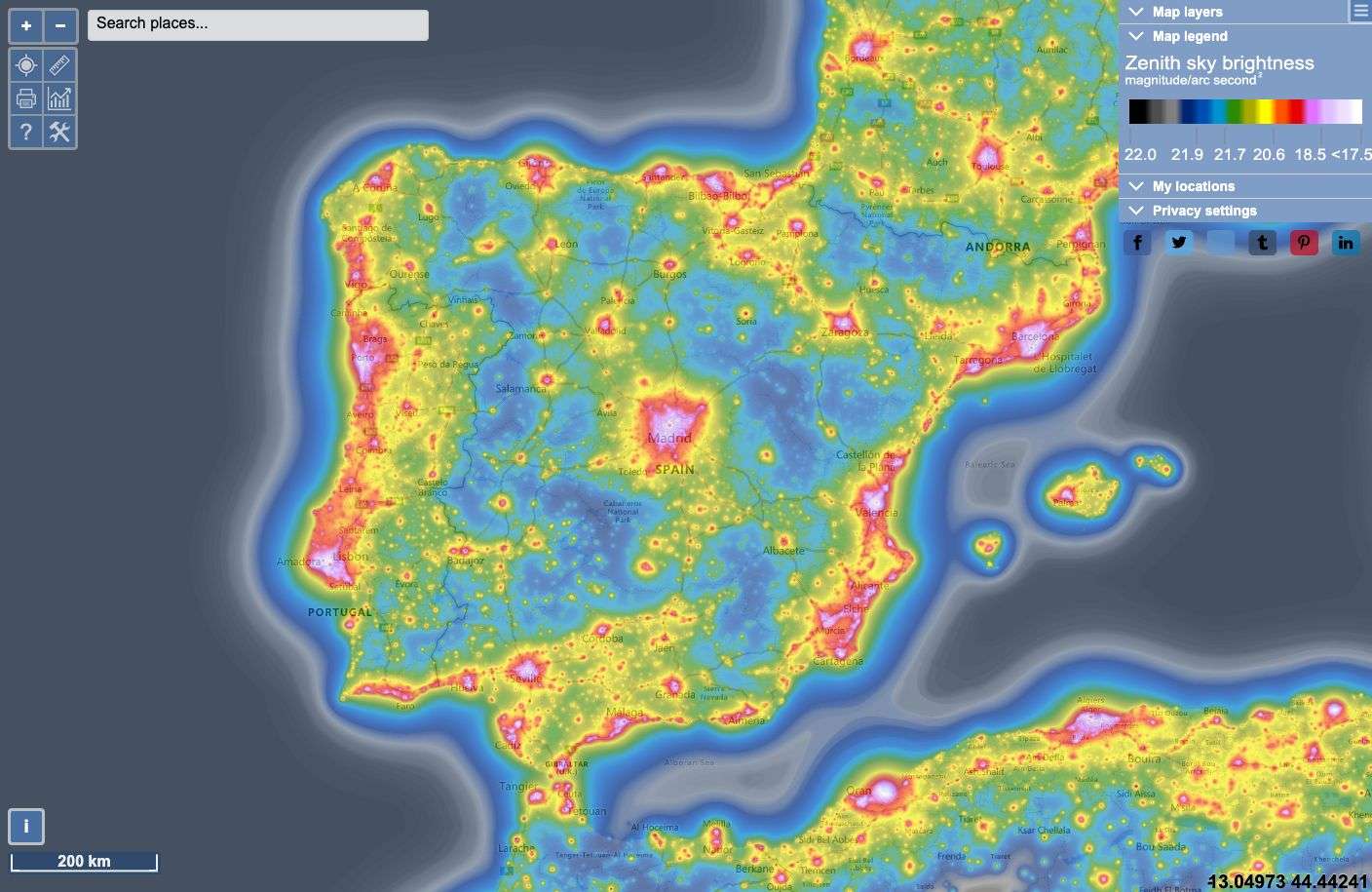 Poluição luminosa em Portugal e Espanha