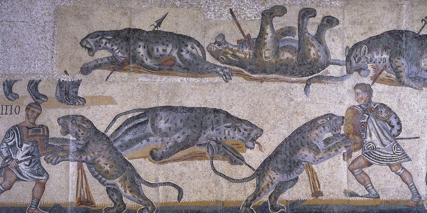 Mosaico romano dos séculos III-IV, encontrado em Torrenova, Roma, Itália