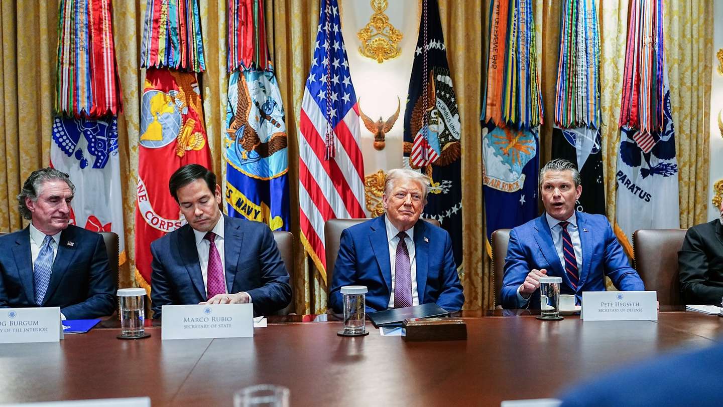 epa12325008 United States President Donald J Trump (C) participates in a Cabinet Meeting with United States Secretary of Defense Pete Hegseth (R),  US Secretary of the Interior and Chair, National Energy Council and White House Energy Czar Doug Burgum (L) and US Secretary of State Marco Rubio (2L) in the Cabinet Room of the White House in Washington, DC, USA, 26 August 2025.  EPA/AARON SCHWARTZ / POOL