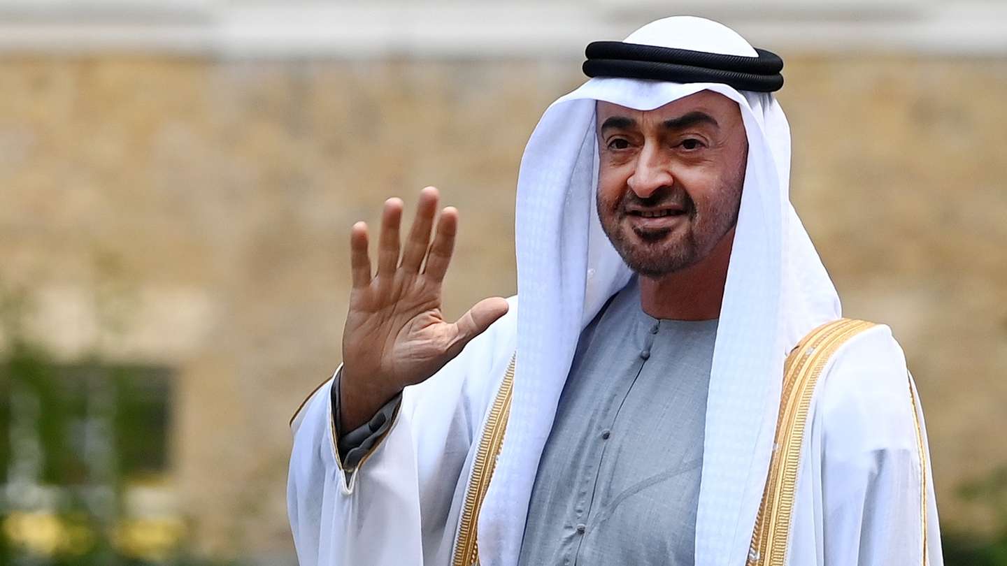epa09471434 Crown Prince of the Emirate of Abu Dhabi, Sheikh Mohammed bin Zayed Al Nahyan, waves ahead of a meeting with British Prime Minister Boris Johnson at 10 Downing Street in London, Britain, 16 September 2021. According to reports the UAE is signing a five year deal committed to invest in UK infrastructure, clean energy and technology worth some ten billion pounds to the UK.  EPA/ANDY RAIN