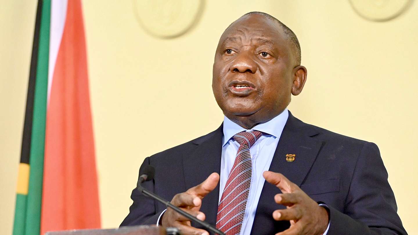 epa09306459 A handout photo made available by the South African Government Communications and Information Systems (GCIS) shows President Cyril Ramaphosa announcing new restrictions in an attempt to slow a third wave of Covid-19 across the country, in Pretoria, South Africa, 27 June 2021. South African President Ramaphosa announced the country will move to adjusted alert level 4 with travel in and out of the epicenter Gauteng Province restricted as the country struggles to contain a third wave with a rapidly spreading Delta variant of the Sars-Cov-2 coronavirus that causes the Covid-19 disease.  EPA/Elmond Jiyane/GCIS/ HANDOUT  HANDOUT EDITORIAL USE ONLY/NO SALES