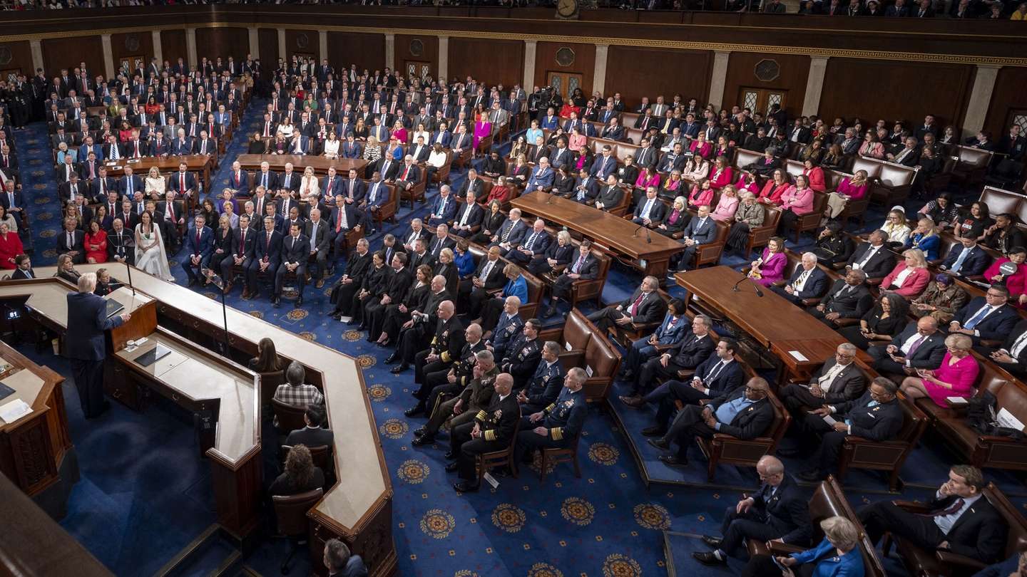 epa11941465 US President Donald Trump addresses a joint session of the United States Congress in the House Chamber of the US Capitol in Washington, DC, USA, 04 March 2025.  EPA/JIM LO SCALZO