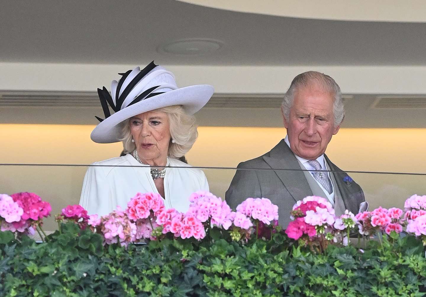 epa10708151 Britain's King Charles III (R) and Queen Camilla (L) attend day four day of Royal Ascot, in Ascot, Britain, 23 June 2023. Royal Ascot is Britain's most valuable horse race meeting and social event running daily from 20 to 24 June 2023.  EPA/NEIL HALL