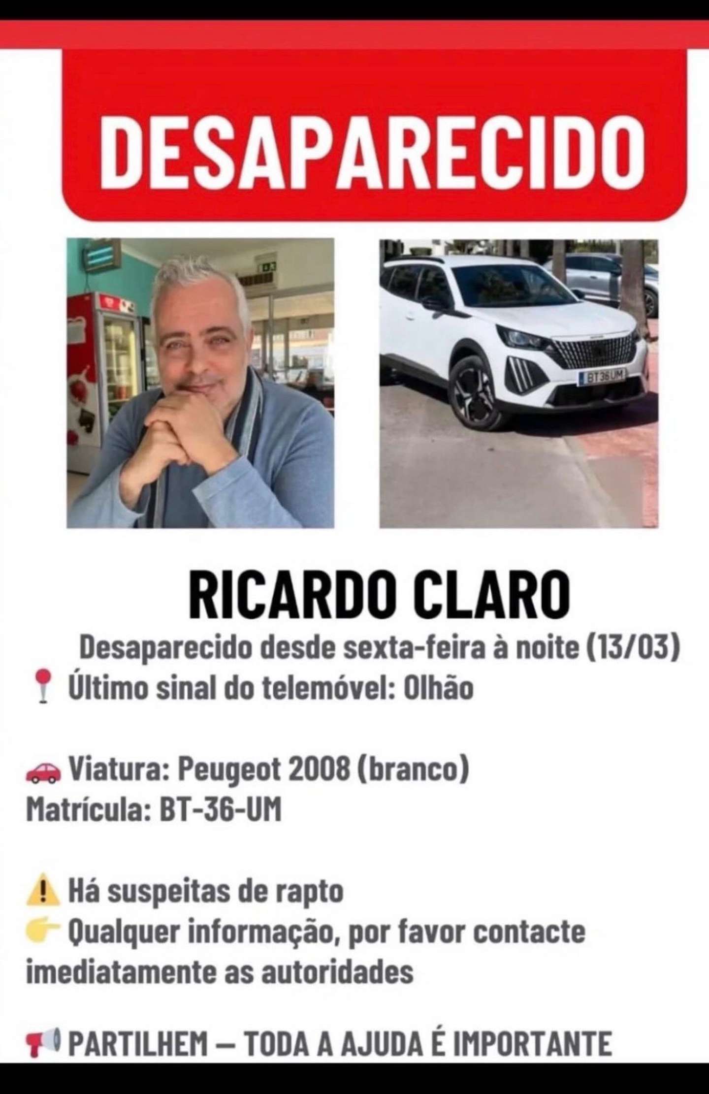 Homem desaparecido em Olhão