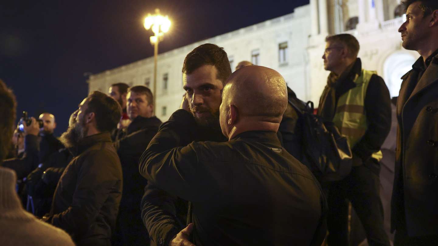 Pedro Costa, the police man that has slept in front of Portuguese Parliament as a form of protest, participates in the PSP and GNR police forces demonstration against the government policies regarding a pension given to the Judiciary Police and not to the other police forces, in Lisbon, Portugal, 24 January 2024. JOSE SENA GOULAO/LUSA