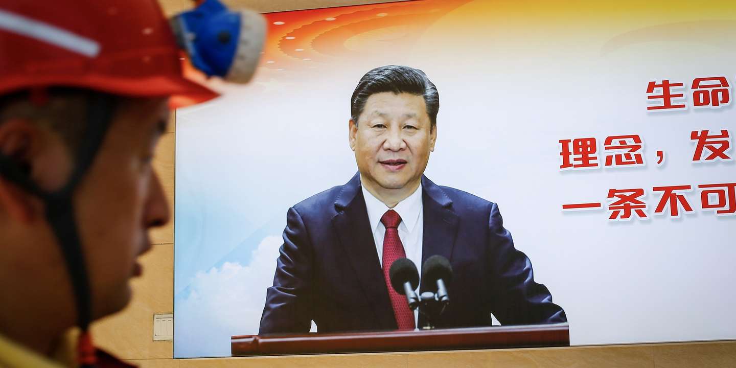epa10755180 An image of Chinese President Xi Jinping is displayed during an organized media tour at the Lilou Coal Mine in Heze, Shandong province, China, 19 July 2023. Members of the press visited the Lilou Coal Mine to view the first commercial application of artificial intelligence (AI) for the mining industry called the Pangu Mine Model. The AI model is capable of visual recognition capabilities, analyzing the quality of stress relief drilling, and can assist in rock burst prevention personnel in quality verification, reducing the review workload by 82 percent, shortening the check to 10 minutes from three days with 100 percent acceptance rate.  EPA/MARK R. CRISTINO