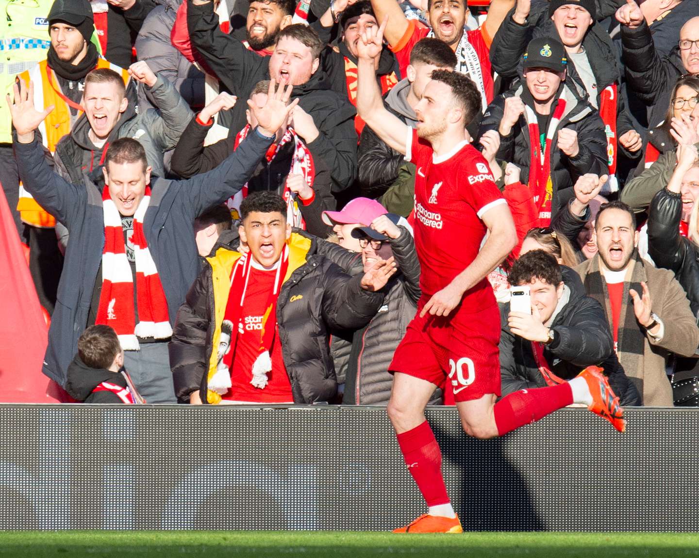 epa11142446 Diogo Jota of Liverpool celebrates after scoring the opening goal during the English Premier League match between Liverpool and Burnley in Liverpool , Britain, 10 February 2024.  EPA/PETER POWELL EDITORIAL USE ONLY. No use with unauthorized audio, video, data, fixture lists, club/league logos, 'live' services or NFTs. Online in-match use limited to 120 images, no video emulation. No use in betting, games or single club/league/player publications.