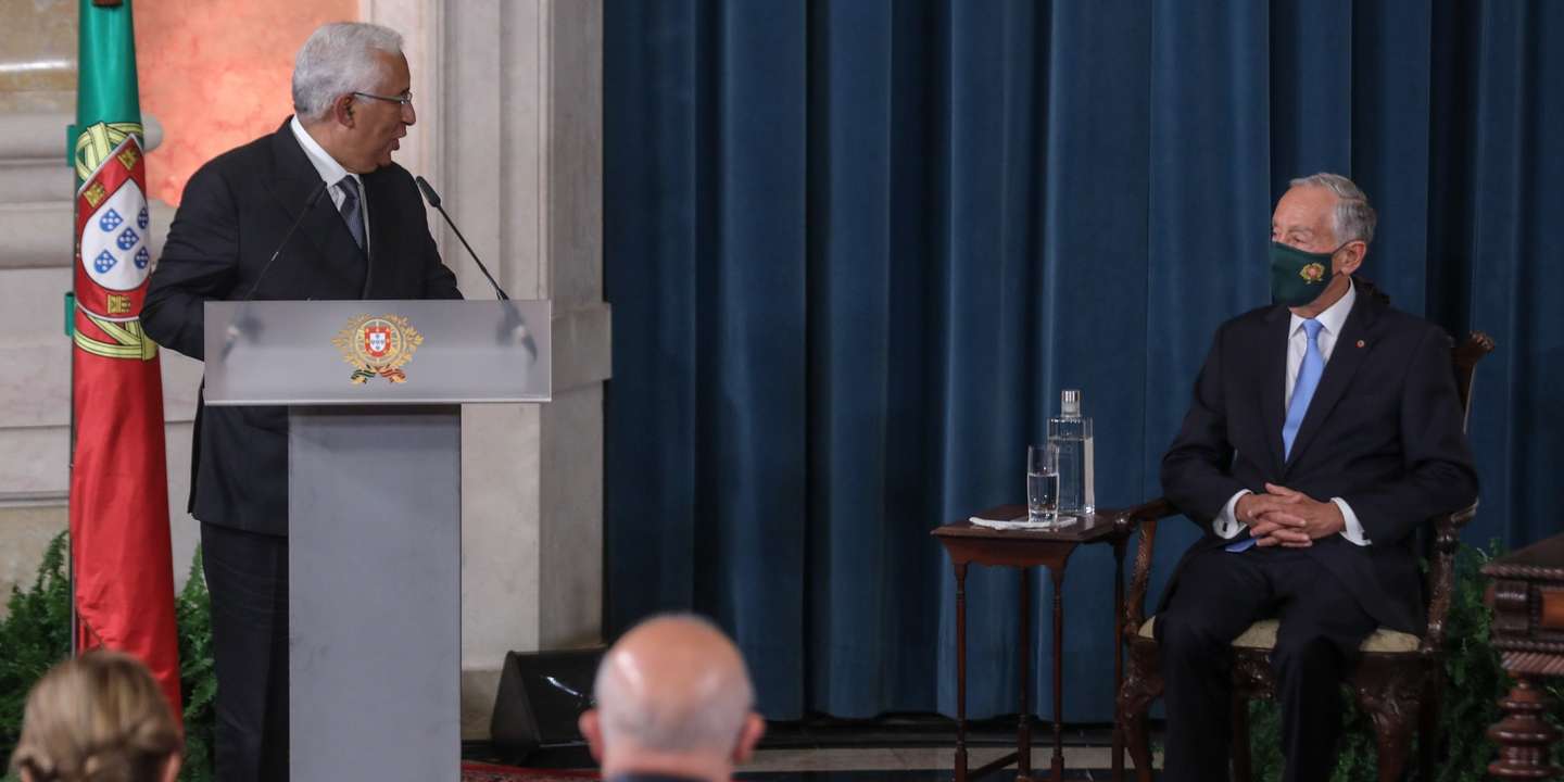 The secretary-general of Portuguese Socialist Party and the Prime-Minister, Antonio Costa (L), flanked by Portuguese President, Marcelo Rebelo de Sousa, delivers a speech during the swearing in cerimony of the XXIII Constititional Government held at Ajuda Palace, Lisbon, Portugal, 30th March 2022. This is the third government headed by Antonio Costa, after winning the January 30 legislative elections with an absolute majority. MIGUEL A. LOPES/LUSA