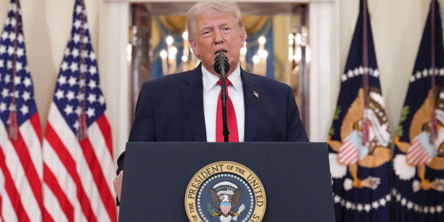 epa12865425 US President Donald J. Trump speaks about the Iran war from the Cross Hall of the White House in Washington, DC, USA, 01 April 2026.  EPA/ALEX BRANDON / POOL Pool Image