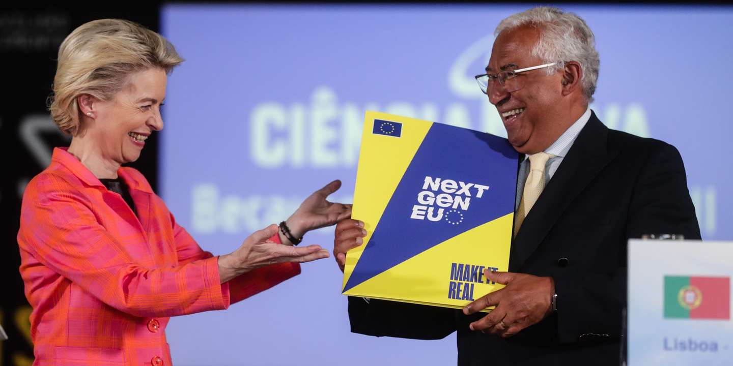 The President of the European Commission, Ursula von der Leyen (L) gives the 'Next Generation EU recovery program of the European Union' to Portuguese Prime Minister Antonio Costa (R), after their meeting on the Pavilion of Knowledge in Lisbon, Portugal, 16 June 2021