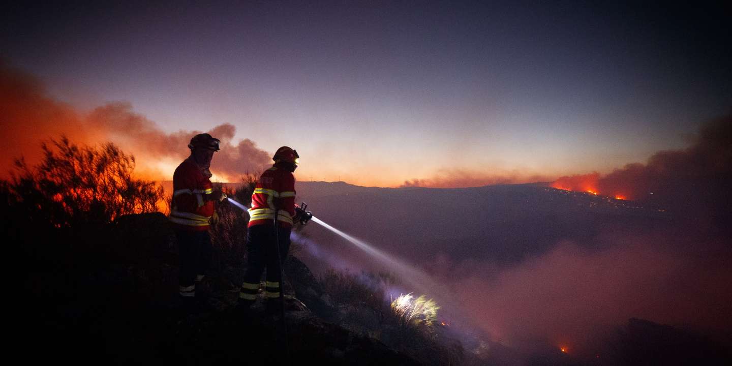 epa10096563 Firemen fights a forest fire in Reboredo village, Vila Pouca de Aguiar, Portugal, 28 July 2022. A total of 466 operational, 144 vehicles and six airplane are fighting the forest fire.  EPA/PEDRO SARMENTO COSTA