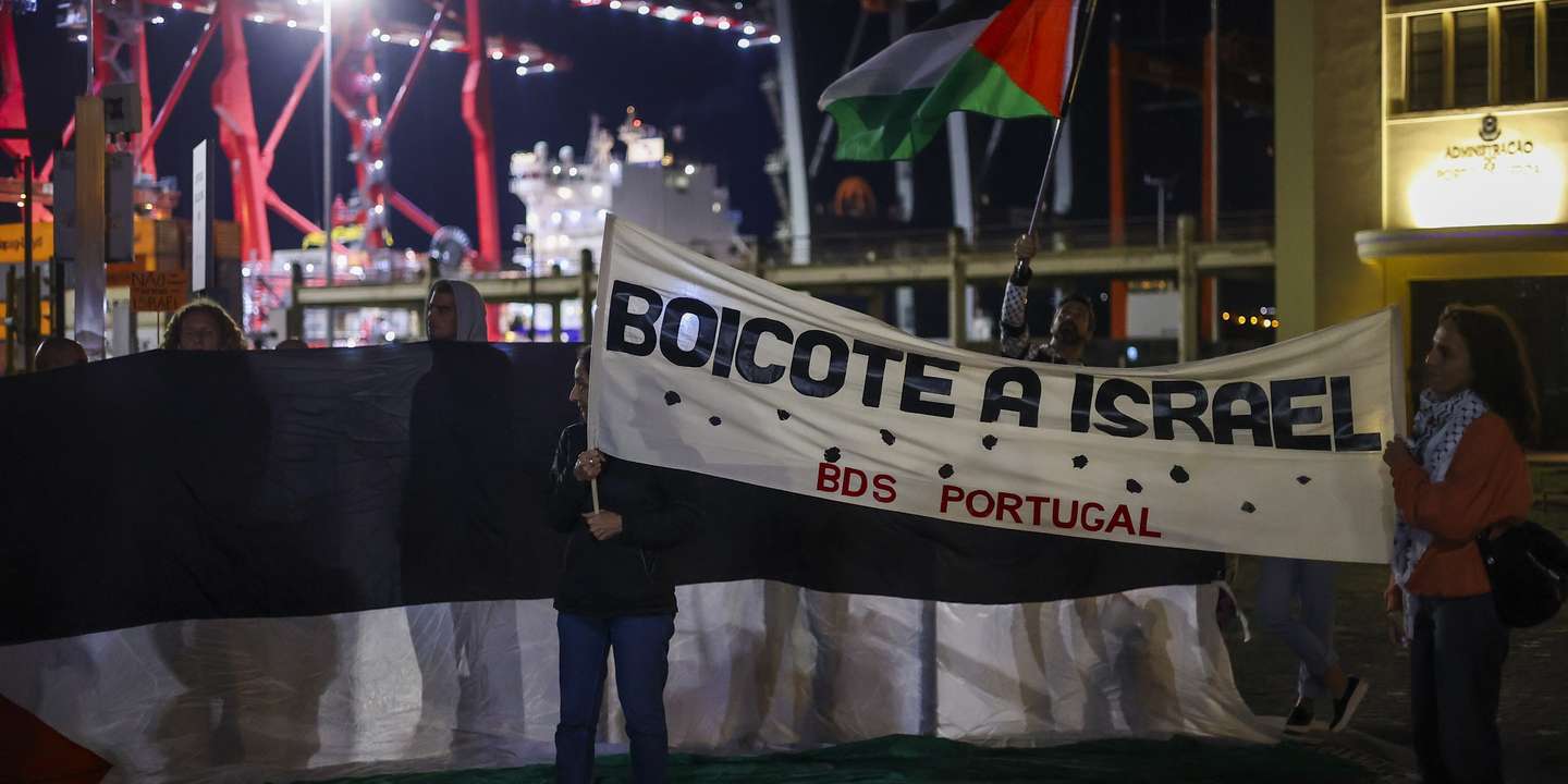 Manifestantes com bandeiras da Palestina protestam enquanto aguardam a entrada no porto de Lisboa do navio porta-contentores NYSTED MAERSK, um navio que alegadamente está envolvido num “esquema ilegal de abastecimento de armas” a Israel, Lisboa, 9 de novembro de 2024. JOSÉ SENA GOULÃO/LUSA