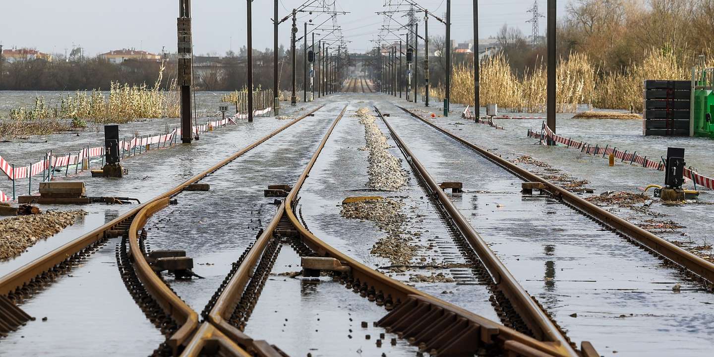 A linha ferroviária do norte está encerrada devido à subida da água do Rio Ega, junto à estação ferroviária de Alfarelos, devido ao mau tempo, em Montemor-o-Velho, Coimbra, 05 de fevereiro de 2026. Onze pessoas morreram em Portugal desde a semana passada na sequência da passagem das depressões Kristin e Leonardo, que provocaram também algumas centenas de feridos e desalojados. PAULO NOVAIS/LUSA