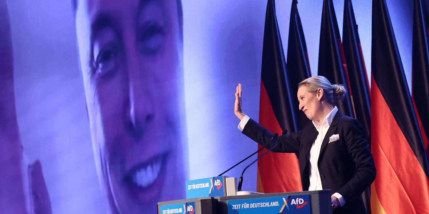 epa11852370 Alternative for Germany (AfD) party and faction co-chairwoman and top candidate for the federal election Alice Weidel talks online to Elon Musk during her speech during election campaign launch in Halle, Germany, 25 January 2025. Germany will hold early federal elections on 23 February 2025.  EPA/HANNIBAL HANSCHKE