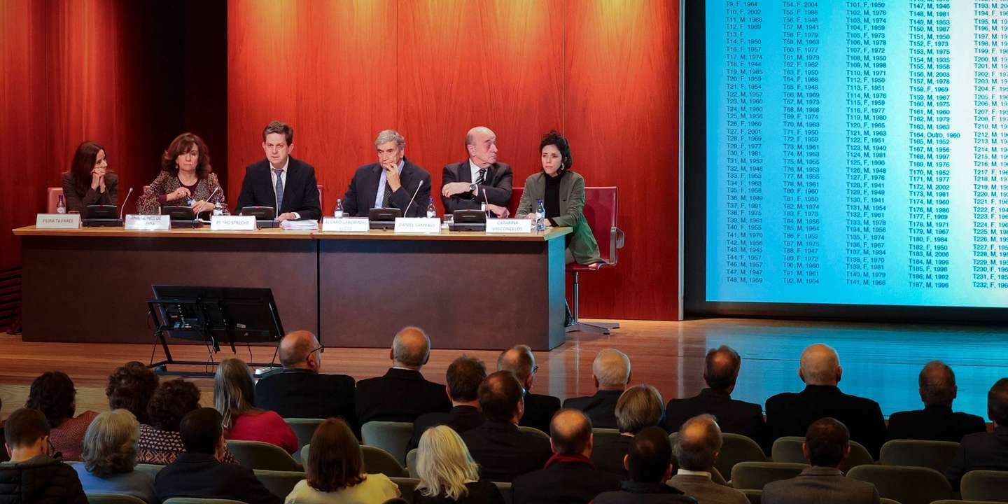 Conferência de imprensa da Comissão Independente para o Estudo dos Abusos Sexuais contra as Crianças na Igreja Católica Portuguesa, (E-D) Filipa Tavares, Ana Nunes de Almeida, Pedro Strech, Álvaro Laborinho Lúcio, Daniel Sampaio e Catarina Vasconcelos, para apresentação do relatório final, na Fundação Calouste Gulbenkian, em Lisboa, 13 de fevereiro de 2023. A Comissão Independente para o Estudo dos Abusos Sexuais de Crianças na Igreja Católica recebeu 512 testemunhos validados relativos a 4.815 vítimas desde que iniciou funções em janeiro de 2022, anunciou hoje o coordenador Pedro Strecht. MANUEL DE ALMEIDA/LUSA