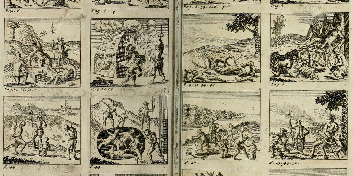 Gravura incluída em An account of the first voyages and discoveries made by the Spaniards in America (1699), versão inglesa da Brevísima relación de la destrucción de las Indias (1552), de frei Bartolomé de las Casas