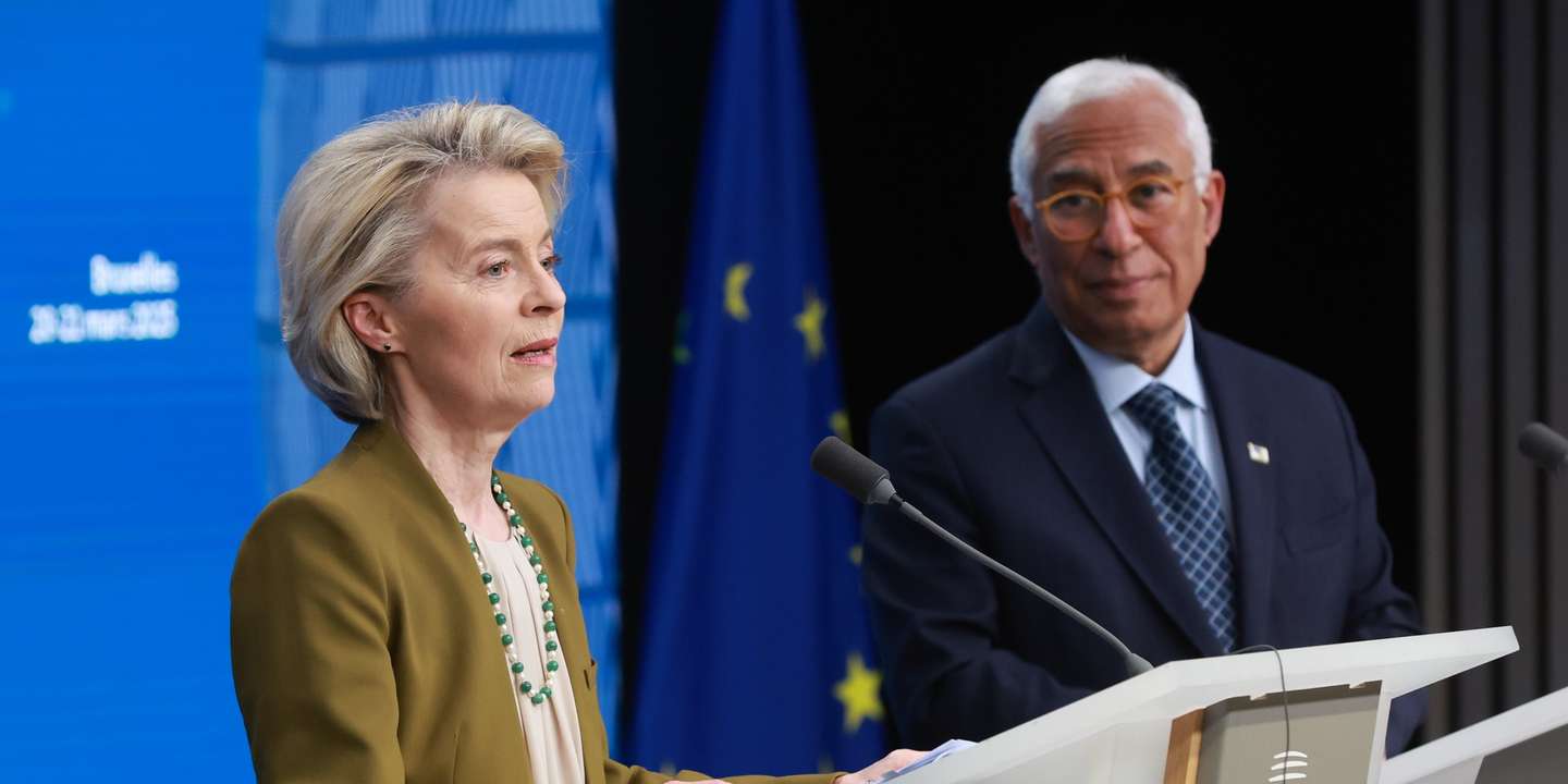 epa11977215 European Commission President Ursula von der Leyen (L) and European Council President Antonio Costa (R) during the final press conference during the European Council summit in Brussels, Belgium, 20 March 2025. Competitiveness, the latest developments in Ukraine, and the European defense policy are expected to be discussed by EU leaders at the summit.  EPA/OLIVIER HOSLET