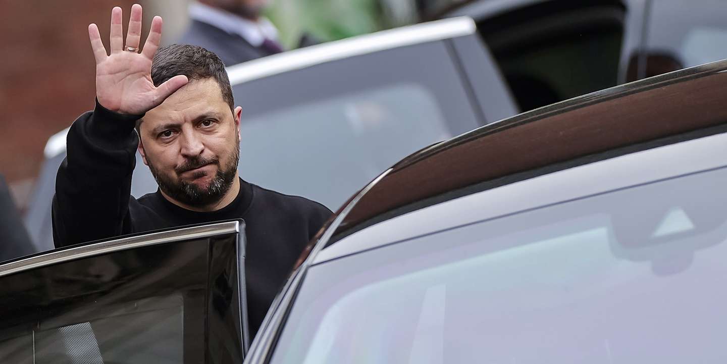 epa10628052 Ukrainian President Volodymyr Zelensky leaves after the Charlemagne Prize (Karlspreis) ceremony in the town hall of Aachen, Germany, 14 May 2023. This year's prize is awarded to Ukraine's President Volodymyr Zelensky and the Ukrainian people. The International Charlemagne Prize of Aachen has been awarded annually since 1950 to people who have contributed to the ideals upon which Europe has been founded.  EPA/FRIEDEMANN VOGEL