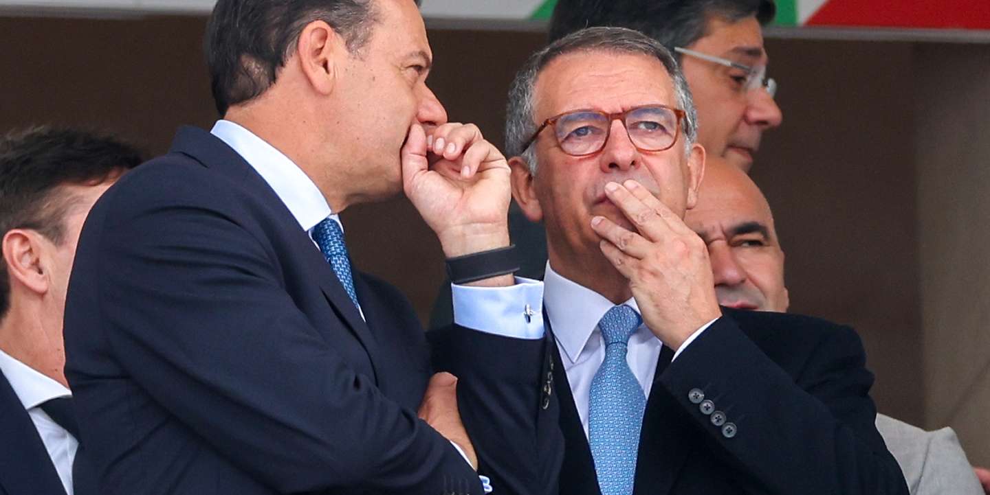 Portuguese President, António José Seguro (R), chats with Portuguese Prime Minister, Luis Montenegro, prior the Portugal Cup final soocer match between Sporting vs Torreense to be held at National Stadium, Oeiras, Portugal, 24th May 2026.  TIAGO PETINGA/LUSA