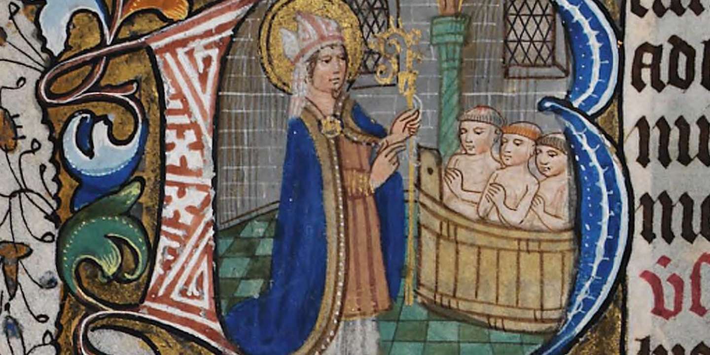 Um livro de horas medieval, hoje guardado na Biblioteca Nacional do País de Gales, mostra o milagre operado por São Nicolau para salvar três crianças da salmoura, que lhe valeu o título de santo padroeiro das crianças