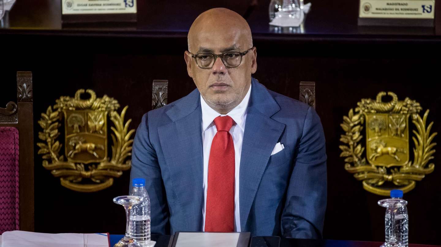 epa10441804 The President of the Venezuelan National Assembly, Jorge Rodriguez, takes part in the presentation of the annual report on the activities of judicial bodies, in Caracas, Venezuela, 31 January 2023. The Venezuelan Judiciary increased by 74% the number of sentences issued by specialized and non-specialized courts throughout the country during the past year compared to 2021, said this 31 January the president of the Supreme Court of Justice (TSJ), Gladys Gutierrez, in the presentation of the annual report of the activities of the judicial bodies.  EPA/MIGUEL GUTIERREZ