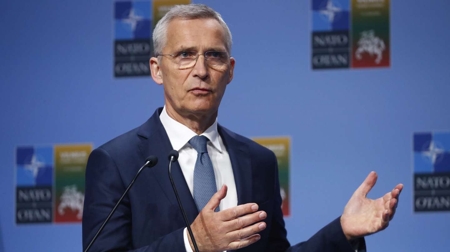epa10737450 NATO ?Secretary General Jens Stoltenberg speaks during a joint press conference with Lithuanian president about the NATO ?summit in Vilnius, Lithuania, 10 July 2023. The NATO Summit will take place in Vilnius on 11 and 12 July 2023 with the alliance's leaders expected to adopt new defense plans.  EPA/TOMS KALNINS