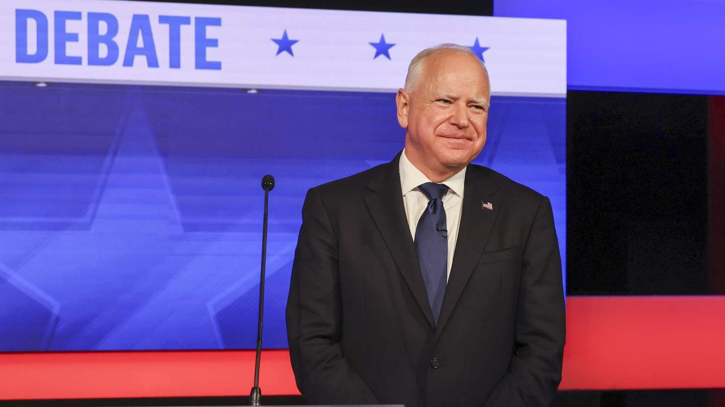 epa11636945 Minnesota Governor and Democratic vice presidential nominee Tim Walz smiles during the Vice Presidential debate against Republican vice presidential nominee JD Vance (Not Pictured) at the CBS Broadcast Center in New York, New York, USA, 01 October 2024.  EPA/SARAH YENESEL
