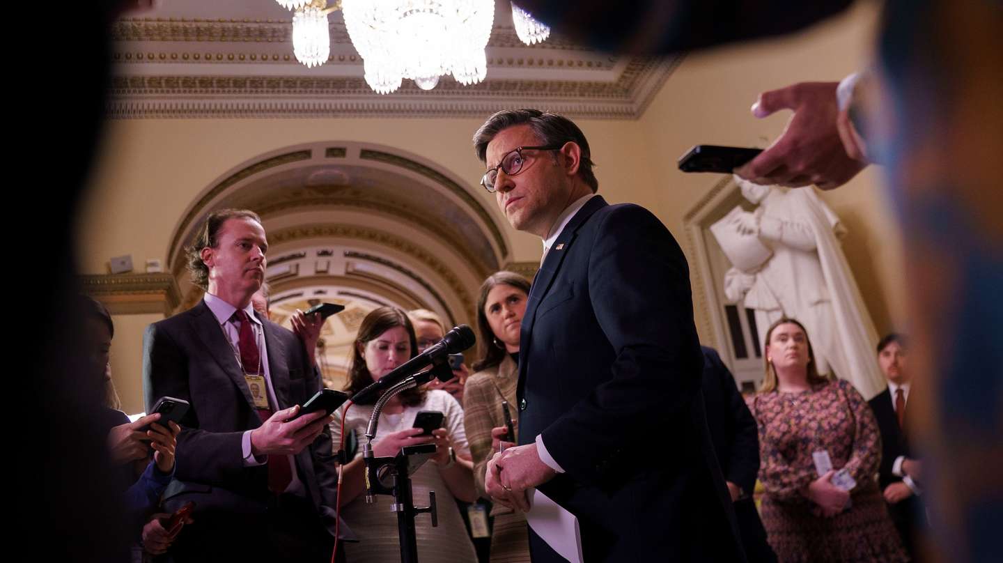 epa11957377 US House Speaker Mike Johnson speaks to the media following a vote on the House floor at the US Capitol, in Washington, DC, USA, 11 March 2025. The vote secured the passage of a  continuous resolution on government funding by 217 to 213 votes, as the bill will now pass to the Senate to vote on before the deadline of 14 March before a shutdown of the US government.  EPA/WILL OLIVER