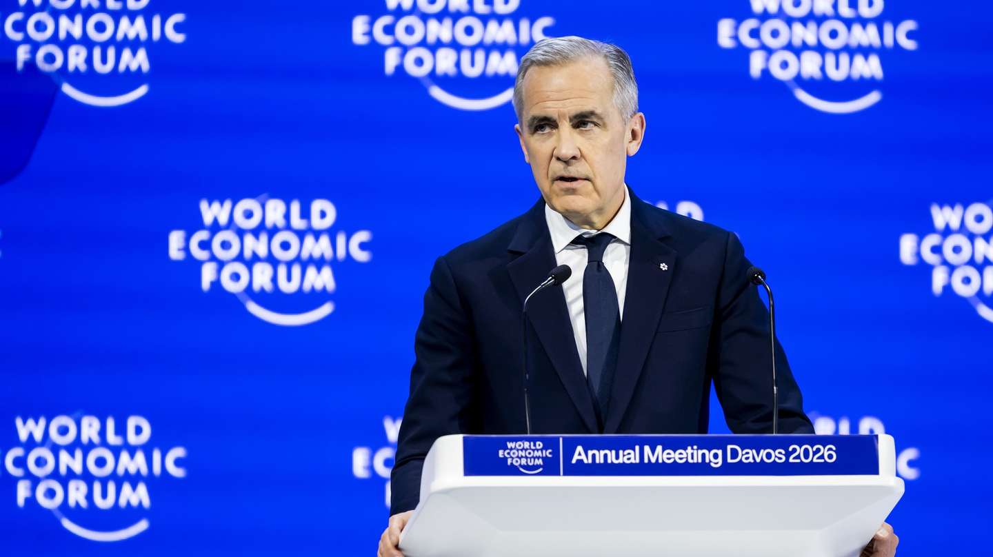 epa12664782 Canada Prime Minister Mark Carney speaks during a plenary session in the Congress Hall at the 56th annual meeting of the World Economic Forum (WEF) in Davos, Switzerland, 20 January 2026. The 2026 summit, running from 19 to 23 January and held under the theme 'A Spirit of Dialogue,' brings together global political leaders, corporate executives, and scientists to address international challenges.  EPA/GIAN EHRENZELLER