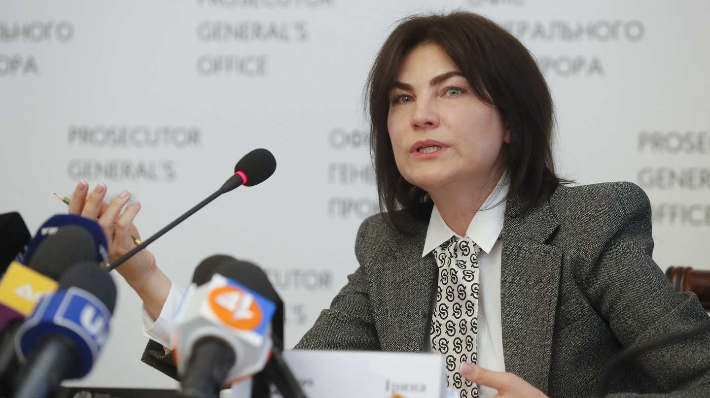 epa09192020 Iryna Venediktova, Ukrainian Prosecutor General, speaks with the media during her joint briefing with Ivan Bakanov (not pictured), the Head of the Security Service of Ukraine (SBU) in Kiev, Ukraine, 11 May 2021. Iryna Venediktova has signed suspicion notices issued in the names of the two Ukrainian lawmakers, Viktor Medvedchuk, and his ally Taras Kozak, charging them with high treason and attempted plunder of national resources in the Ukrainian peninsula of Crimea, Venediktova said.  EPA/SERGEY DOLZHENKO