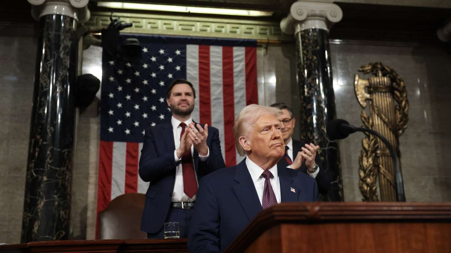 epa11941455 US President Donald Trump (C) addresses a joint session of the United States Congress at the US Capitol in Washington, DC, USA, 04 March 2025. Also pictured are US Vice President JD Vance (L) and US Speaker of the House Mike Johnson.  EPA/WIN MCNAMEE / POOL