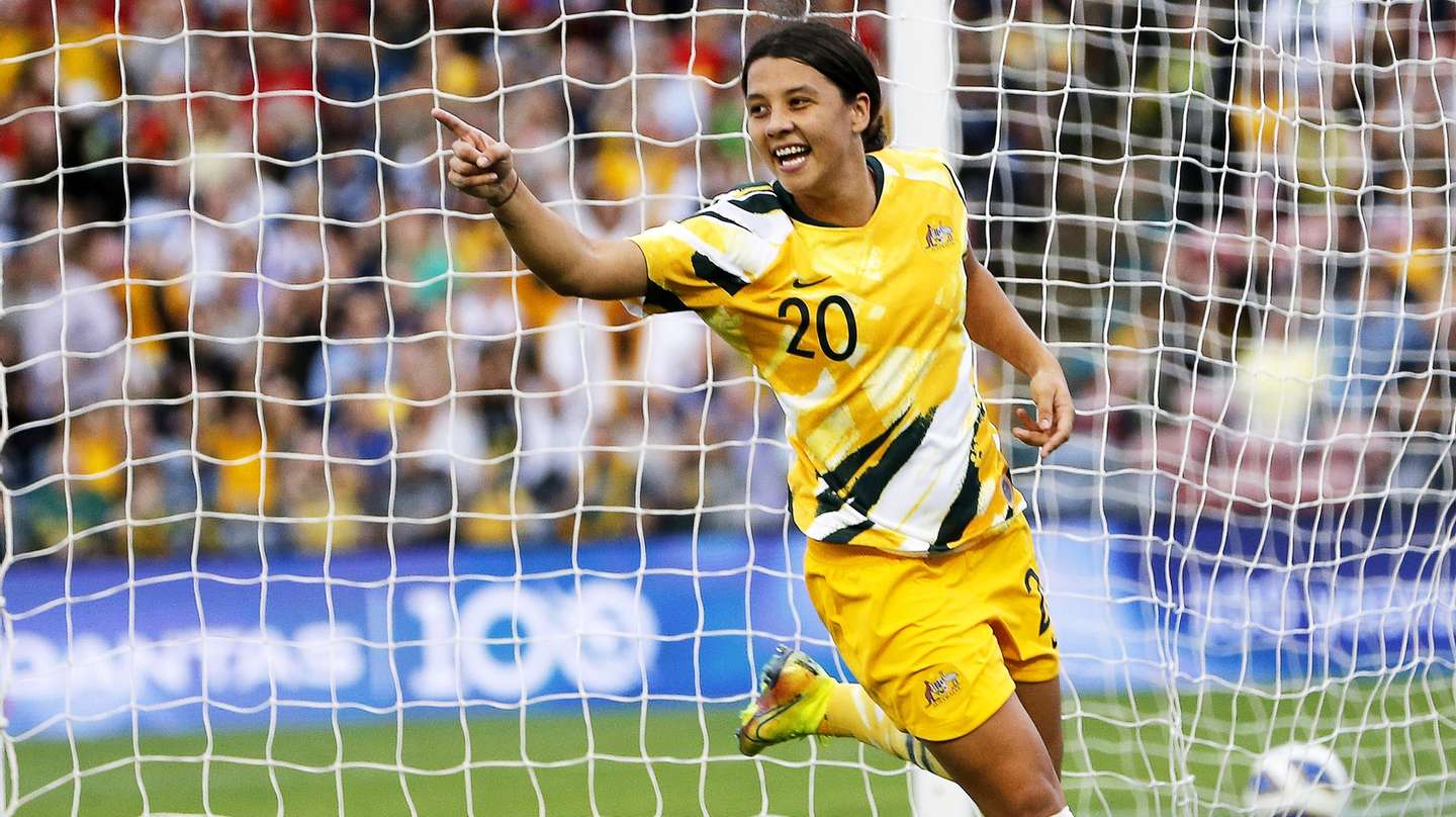 epa08274130 Sam Kerr of Australia celebrates after scoring the opening goal during the Women&#039;s Tokyo 2020 Olympics Asian Qualifiers soccer match between Australia and Vietnam at McDonald Jones Stadium in Newcastle, Australia, 06 March 2020.  EPA/DARREN PATEMAN AUSTRALIA AND NEW ZEALAND OUT