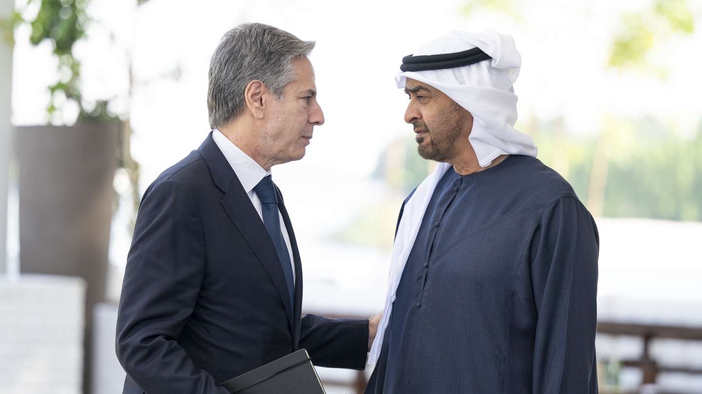 epa11064520 A handout photo made available by UAE Presidential Court shows President of the United Arab Emirates Sheikh Mohamed bin Zayed Al Nahyan (R), bids farewell to United States Secretary of State Antony Blinken (L), after their meeting at Al Shati Palace, Abu Dhabi, UAE, 08 January 2024.  EPA/Abdulla Al Bedwawi HANDOUT   HANDOUT EDITORIAL USE ONLY/NO SALES HANDOUT EDITORIAL USE ONLY/NO SALES