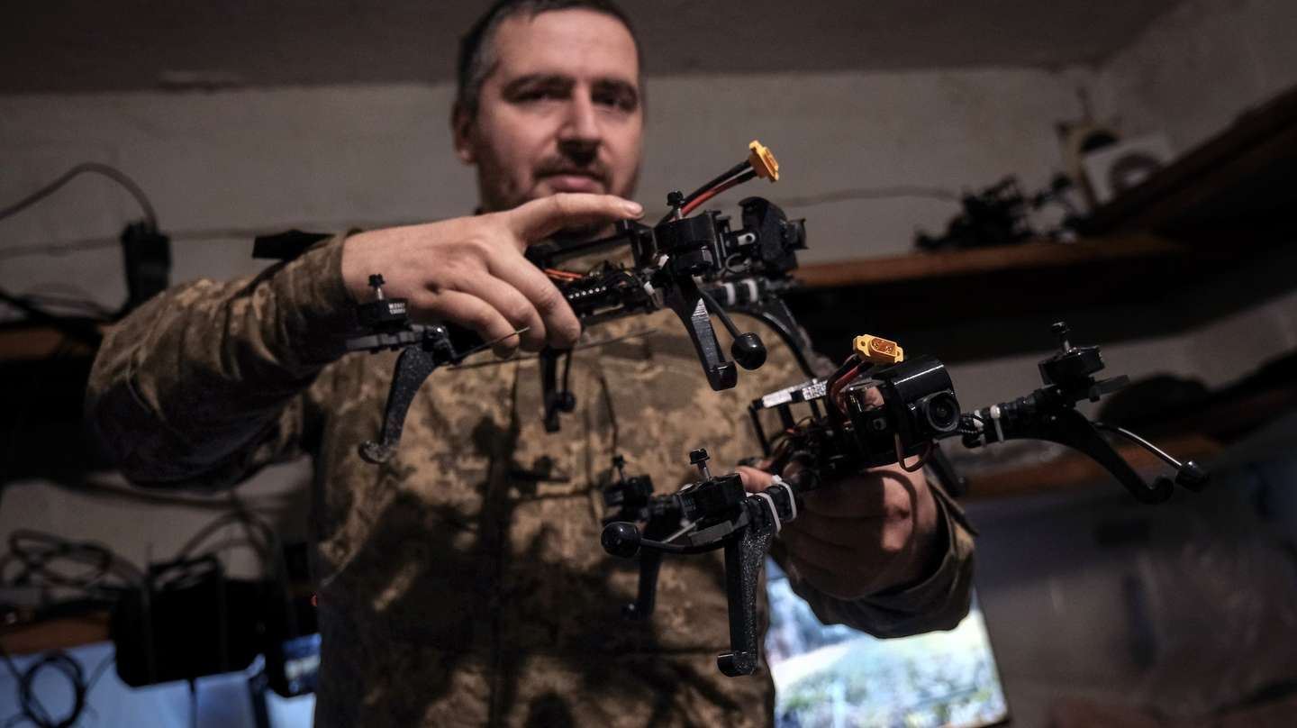 epa12844624 'Musician', Ukrainian drone pilot of the 93rd Brigade 'Kholodny Yar' shows several FPV (First Person View) unmanned aerial vehicles at the combat position where he works bringing down Russian drones, at an undisclosed location near the frontline in the Druzhkivka area (Donetsk), Ukraine, 23 March 2026. The Ukrainian Army now employs FPV to bring down other slower and more expensive unmanned vehicles that Russia's forces use for reconnaissance missions or to attack inside the cities located at the frontline.  EPA/Maria Senovilla